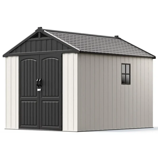 Kick-it 8x10 Plastic Storage Shed with Floor and Windows, Gray & Beige