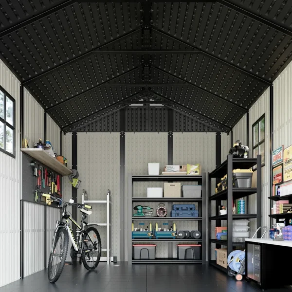 Kick-it 8x10 Plastic Storage Shed with Floor and Windows, Gray & Beige