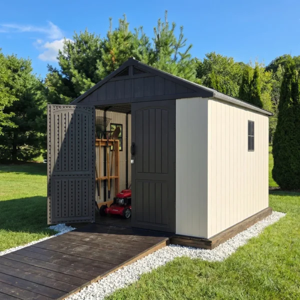 Kick-it 8x10 Plastic Storage Shed with Floor and Windows, Gray & Beige