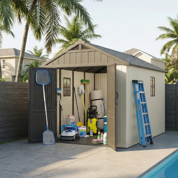 Kick-it 8x10 Plastic Storage Shed with Floor and Windows, Gray & Beige