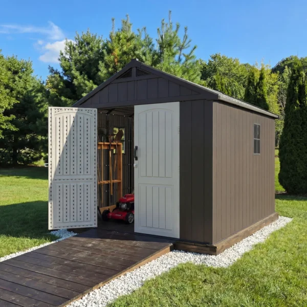Kick-it 8x10 Plastic Storage Shed with Floor, Brown